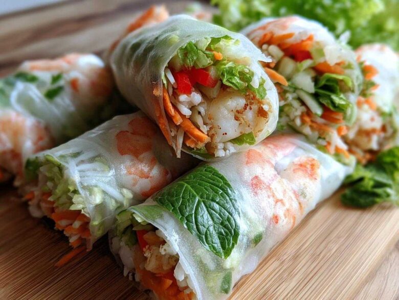 A close-up of several Vietnamese Rice Paper Spring Rolls filled with shrimp, rice, shredded carrots, lettuce, and mint.