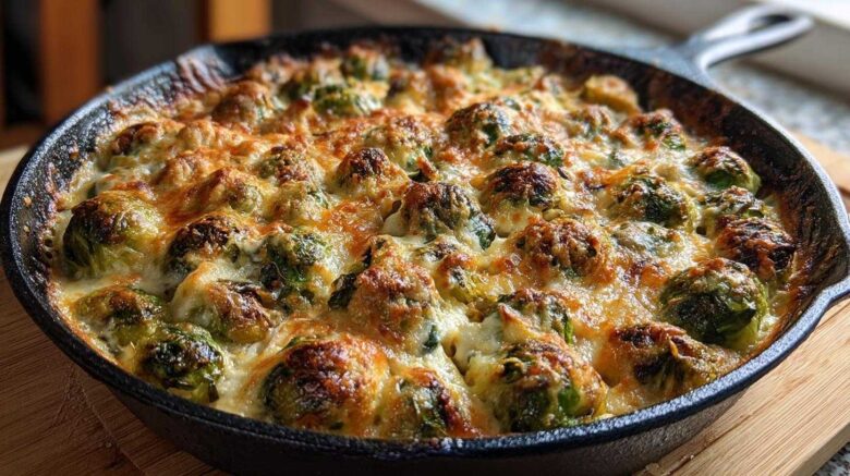 Cheesy Skillet Brussels Sprouts Bake
