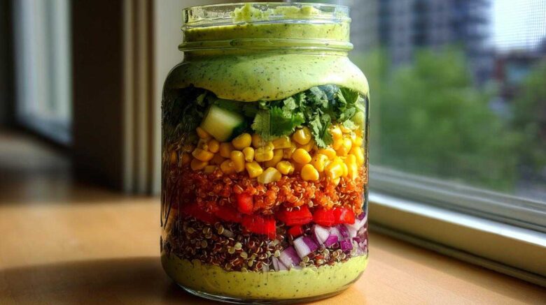 Mason Jar Rainbow Salad with Avocado Dressing