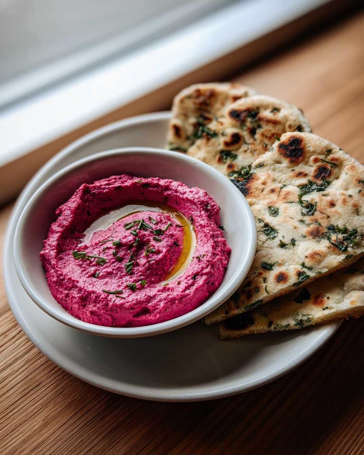 Beetroot Hummus with Herb Flatbread - detail 1