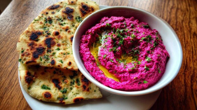 Beetroot Hummus with Herb Flatbread