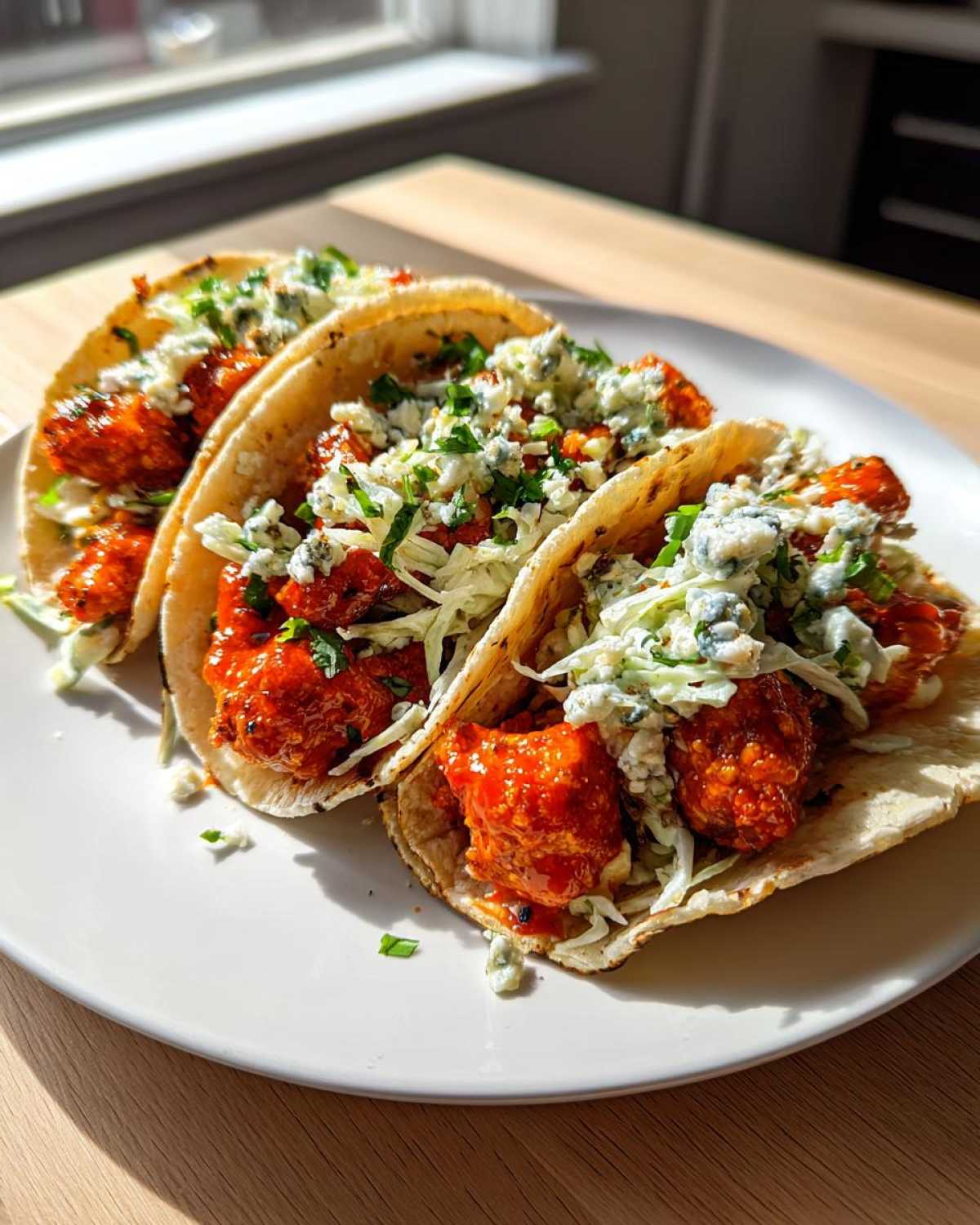 Buffalo Cauliflower Tacos with Blue Cheese Slaw - detail 1