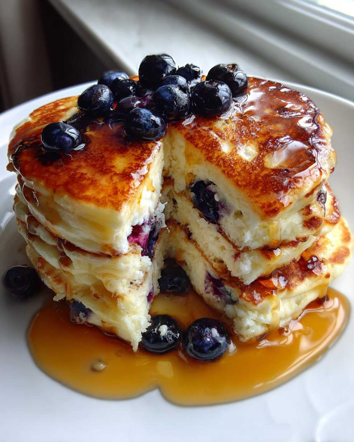 Blueberry Lemon Ricotta Pancakes with Syrup - detail 1