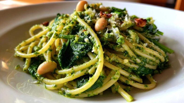 White Bean Pesto Pasta with Spinach