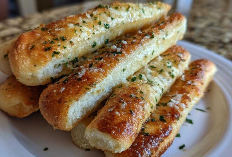 A stack of freshly baked, golden brown breadsticks seasoned with garlic butter, Parmesan cheese, and chopped parsley.