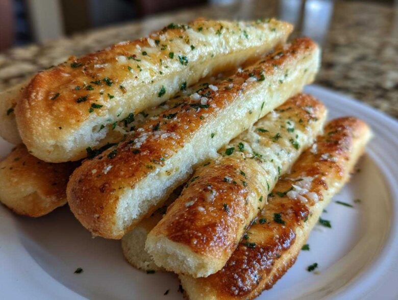 A stack of freshly baked, golden brown breadsticks seasoned with garlic butter, Parmesan cheese, and chopped parsley.