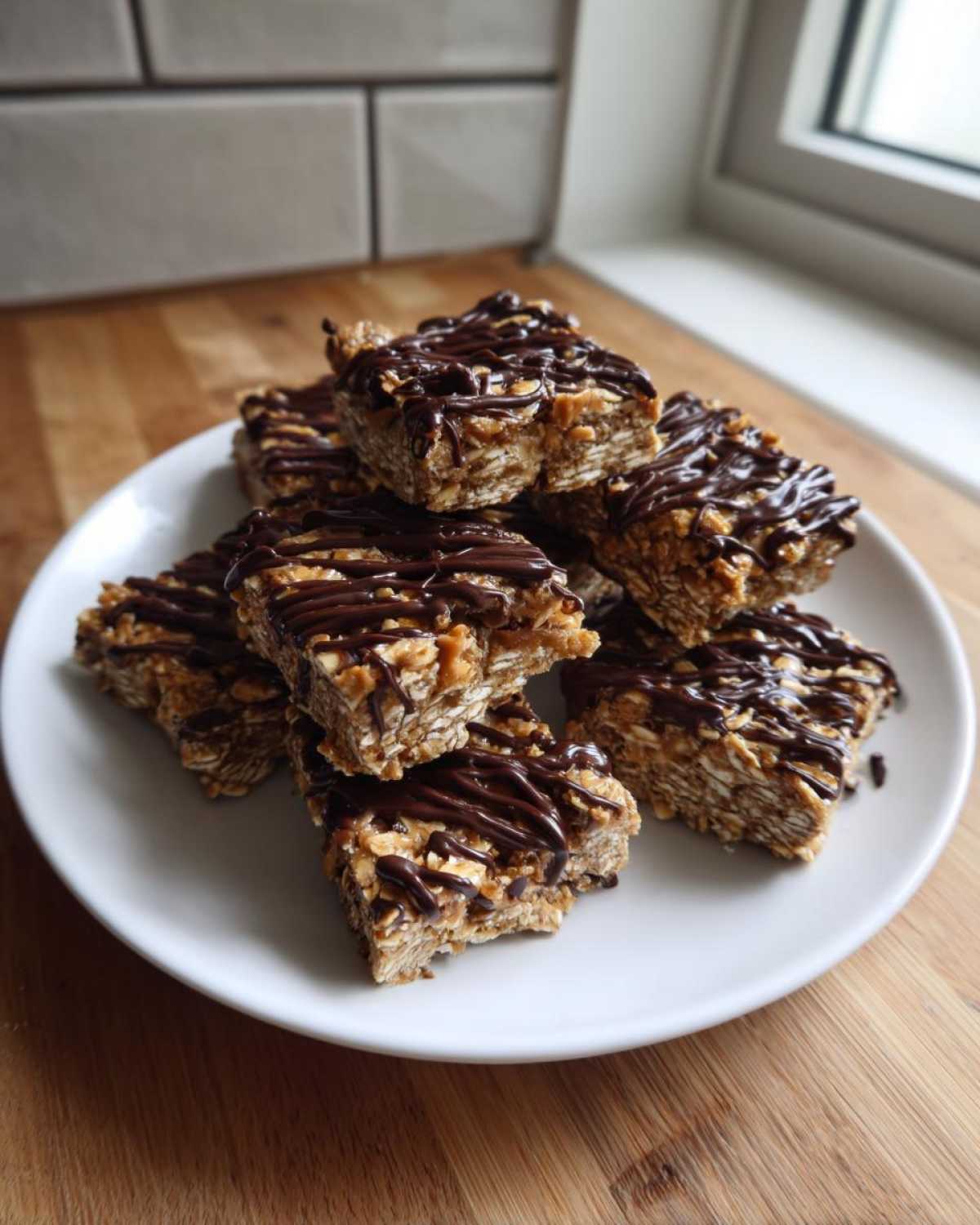 A stack of homemade, chewy protein bars drizzled generously with dark chocolate on a white plate.