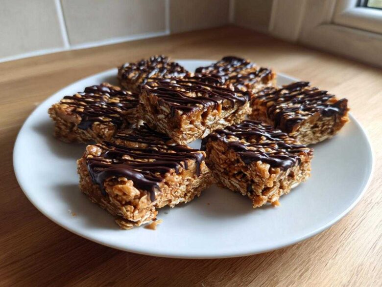 Close-up of several homemade protein bars, made with oats and drizzled generously with dark chocolate.