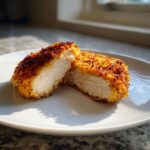 Cross-section of crispy breaded air fryer chicken breast showing juicy white meat inside.