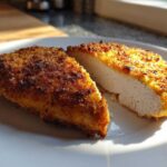 Close-up of air fryer chicken breast, cut in half, showing crispy golden breading and moist white meat.