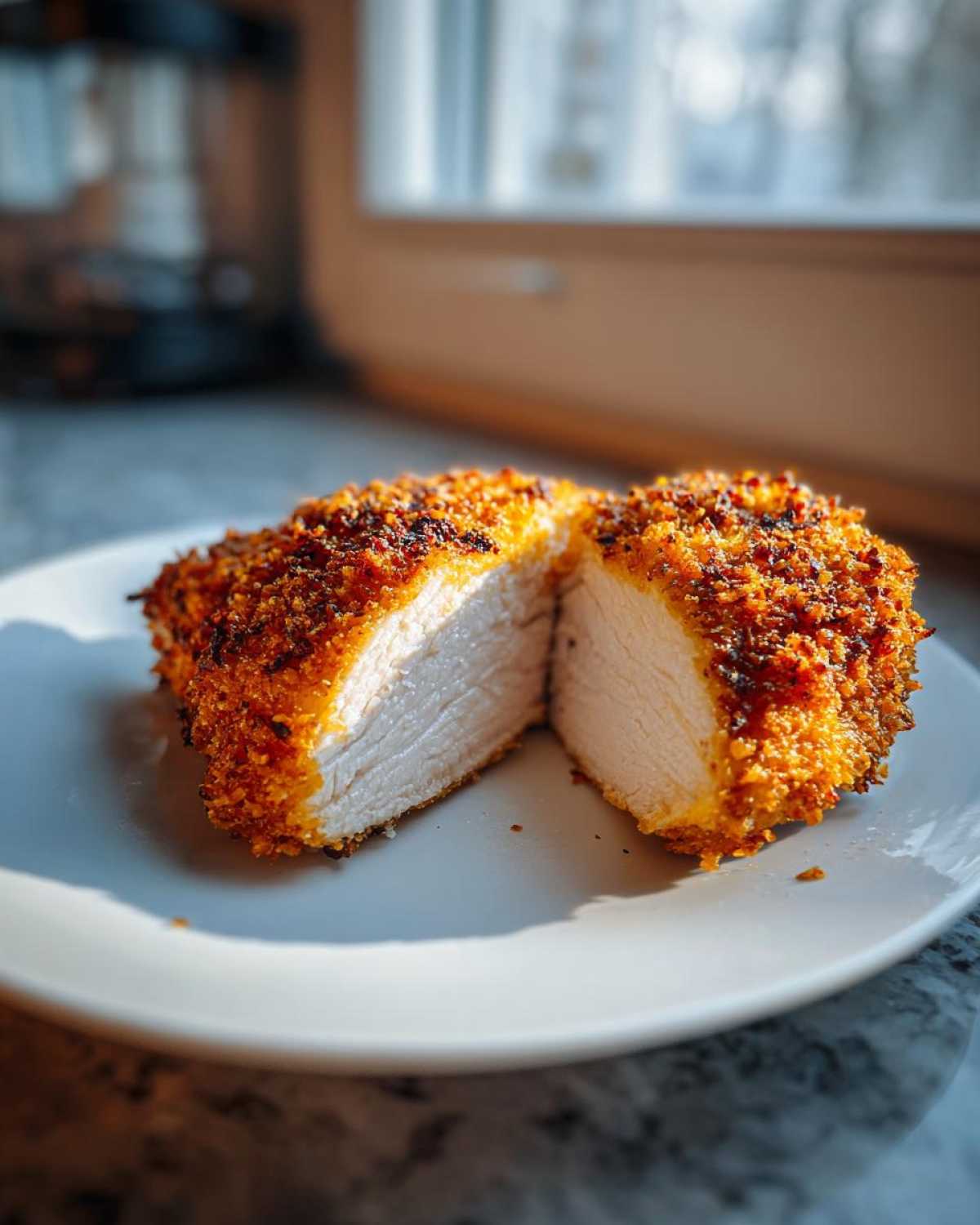 Close-up of a breaded air fryer chicken breast cut in half, showing juicy white meat inside.