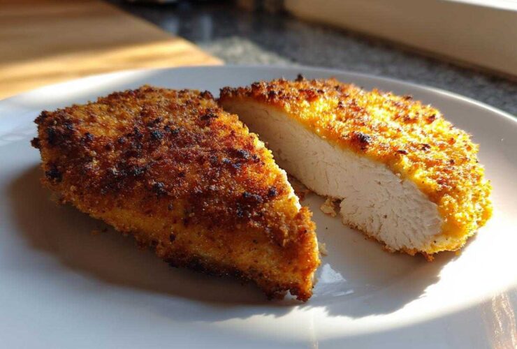 Close-up of air fryer chicken breast, cut in half, showing crispy golden breading and moist white meat.