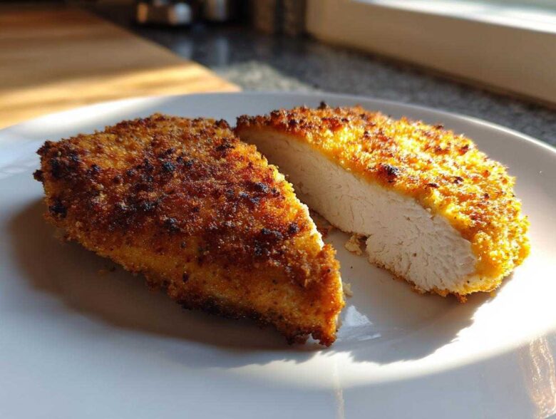 Close-up of air fryer chicken breast, cut in half, showing crispy golden breading and moist white meat.
