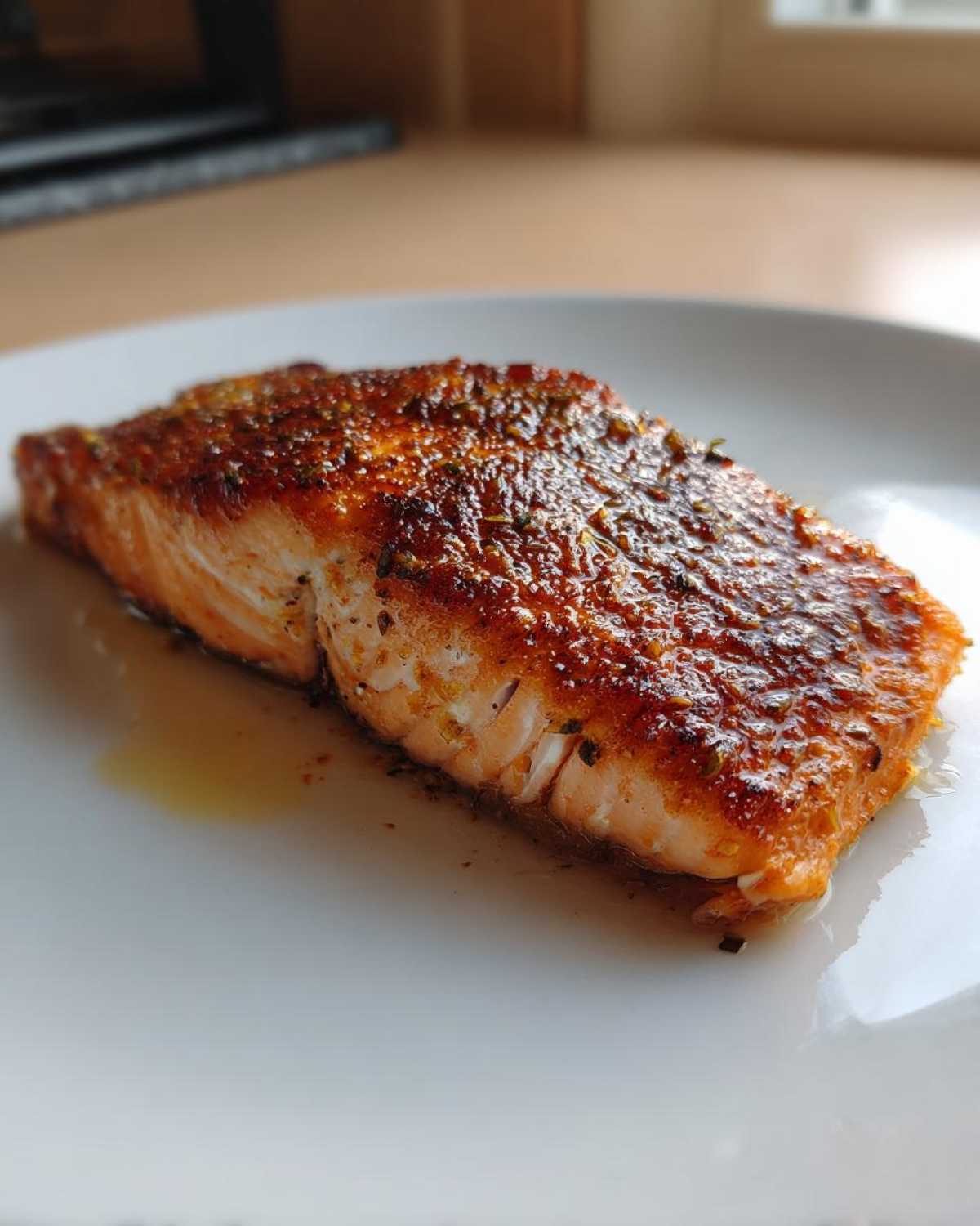 A close-up of a perfectly seasoned and crispy air fryer salmon fillet resting on a white plate.