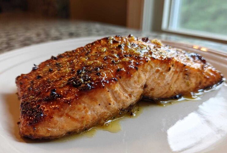 Close-up of a glazed, perfectly cooked air fryer salmon fillet resting on a white plate.