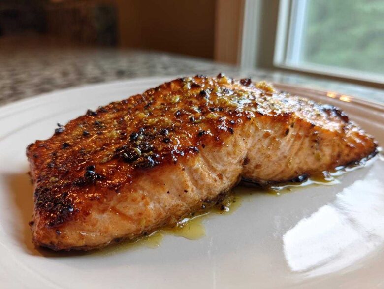 Close-up of a glazed, perfectly cooked air fryer salmon fillet resting on a white plate.