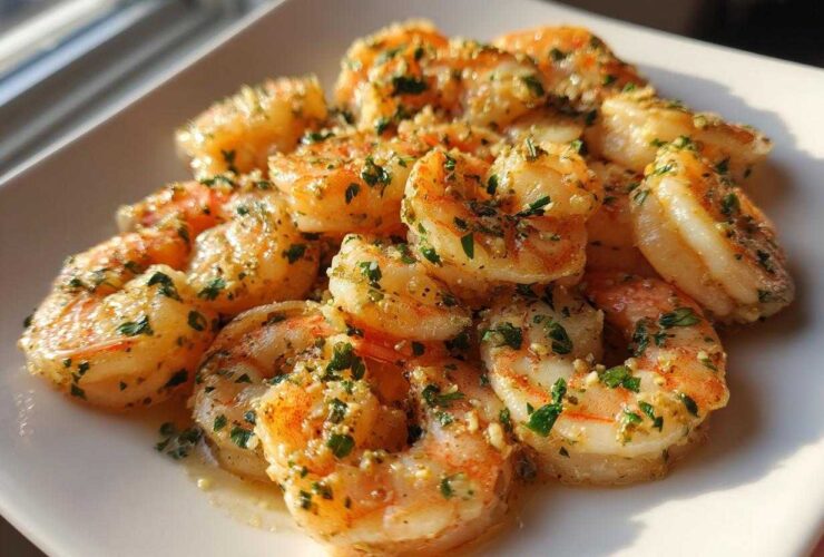 Close-up of juicy, seasoned air fryer shrimp piled on a white plate, glistening with butter and herbs.