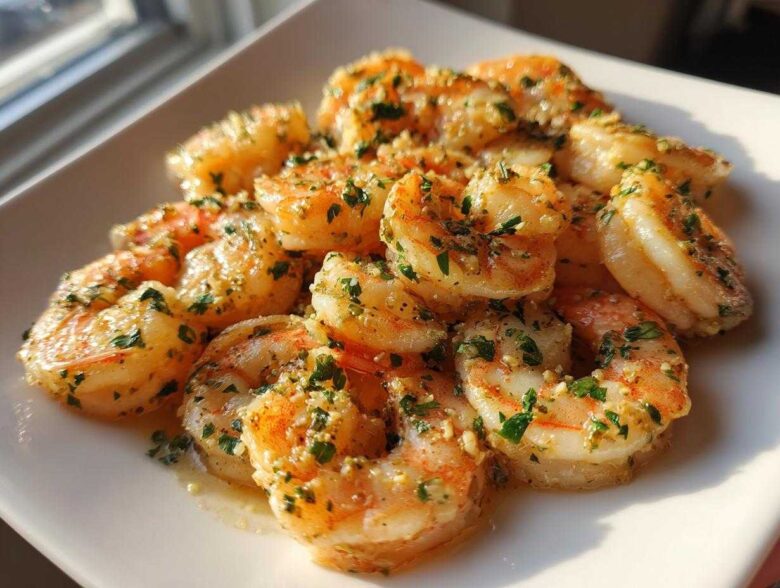 Close-up of juicy, seasoned air fryer shrimp piled on a white plate, glistening with butter and herbs.