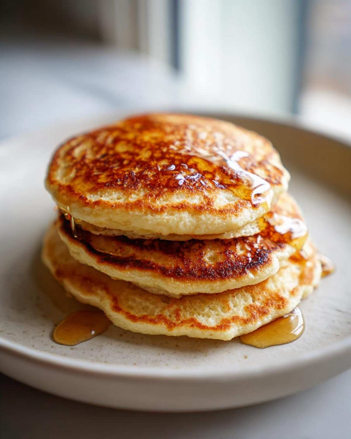 A close-up of a stack of three fluffy almond flour pancakes drizzled generously with golden syrup.
