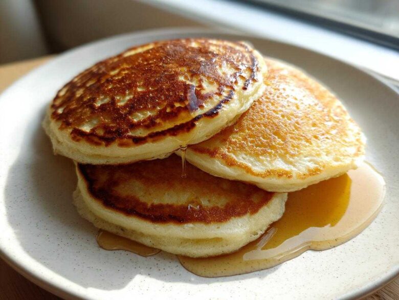 A stack of three golden brown almond flour pancakes drizzled with maple syrup on a speckled white plate.