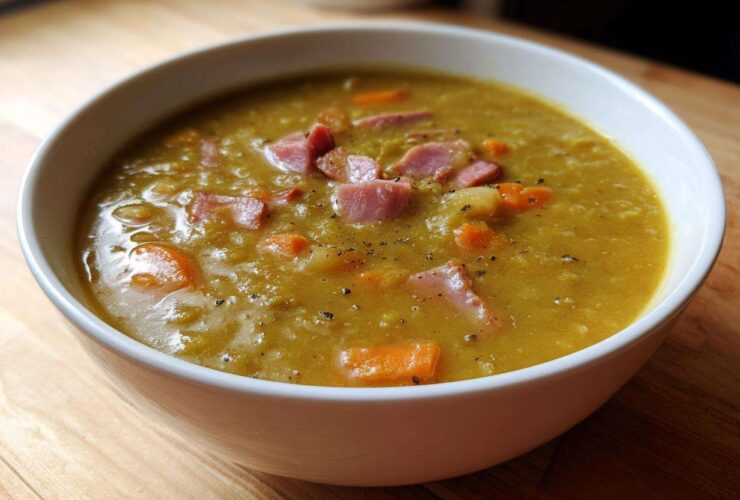 Close-up of a white bowl filled with thick, yellow pea soup topped with diced ham and carrots.