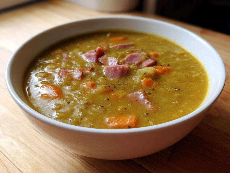Close-up of a white bowl filled with thick, yellow pea soup topped with diced ham and carrots.