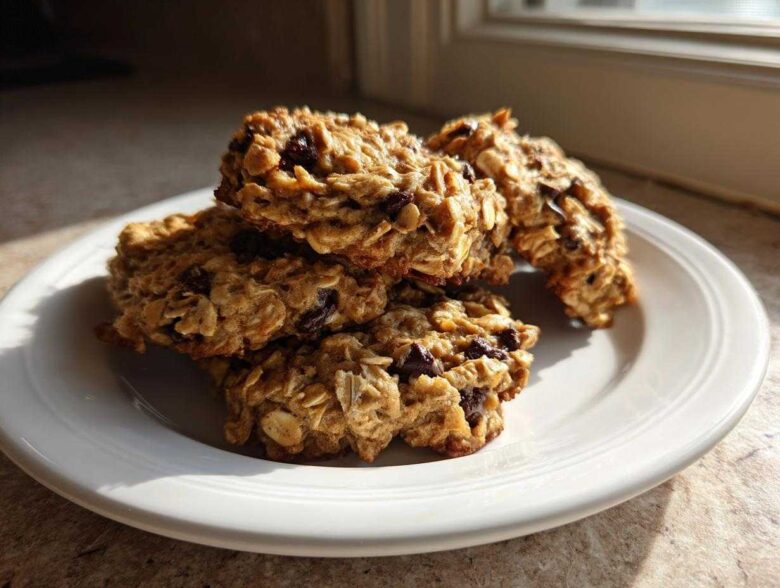 A stack of homemade oatmeal breakfast cookie fuel on a white plate, catching warm morning sunlight.