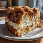 A thick, golden slice of french toast casserole with a creamy filling and cinnamon streusel topping.