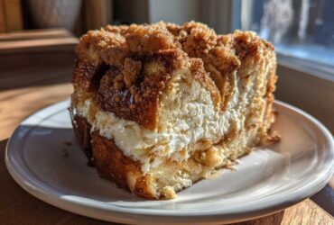 A thick, golden slice of french toast casserole with a creamy filling and cinnamon streusel topping.