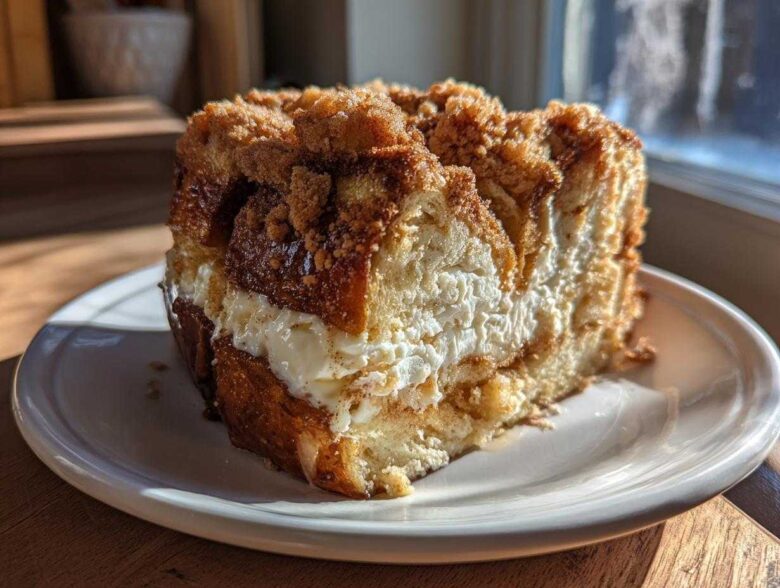 A thick, golden slice of french toast casserole with a creamy filling and cinnamon streusel topping.