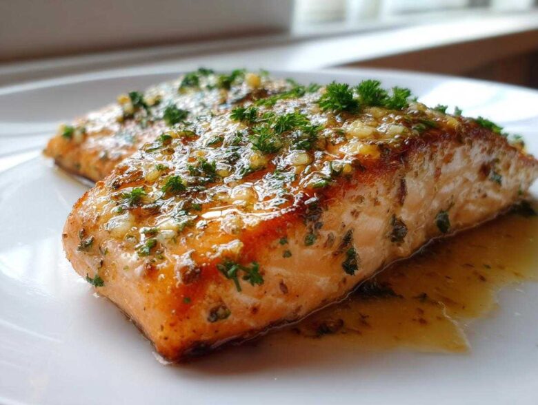 Close-up of a perfectly cooked baked salmon recipe fillet topped with garlic, butter, and fresh parsley.