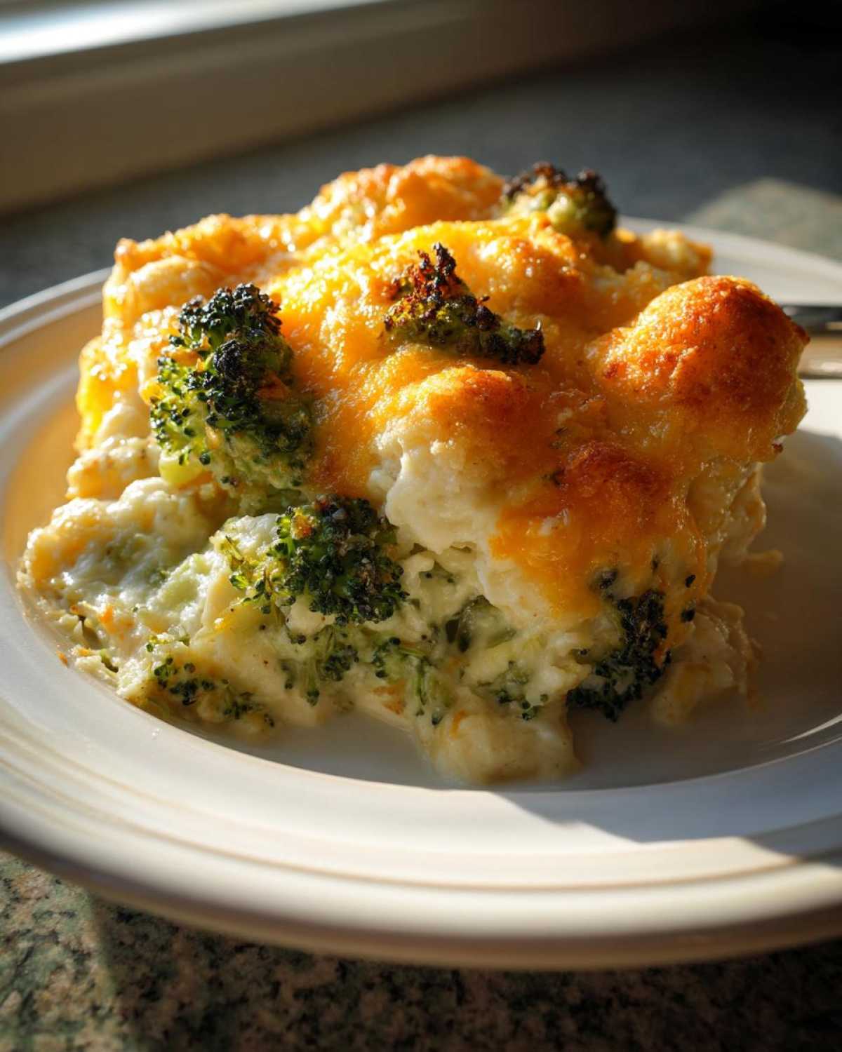 A close-up serving of amazing broccoli casserole topped with melted, golden-brown cheddar cheese.