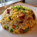A perfectly molded serving of chicken fried rice with visible chunks of chicken, scrambled egg, peas, and carrots, topped with green onions.