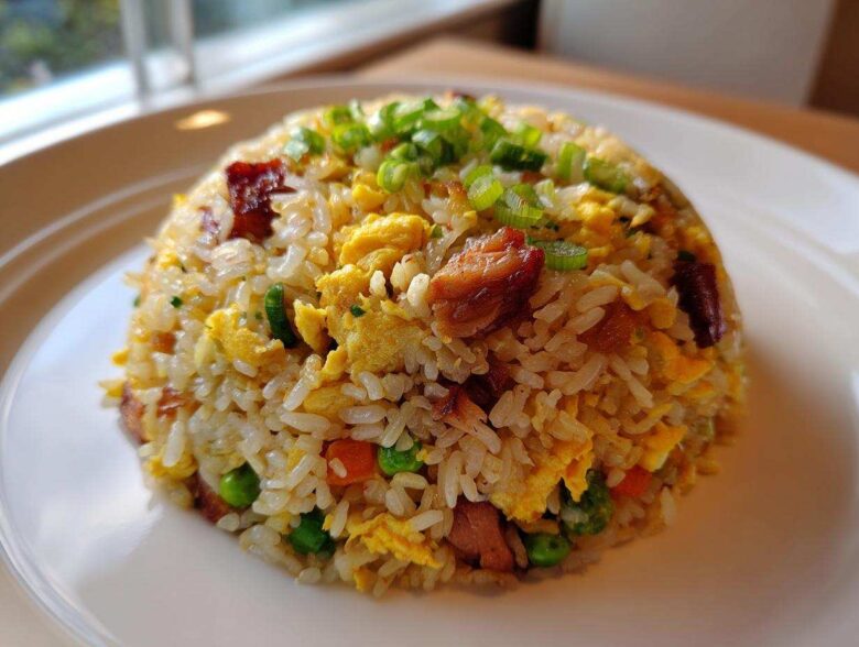 A perfectly molded serving of chicken fried rice with visible chunks of chicken, scrambled egg, peas, and carrots, topped with green onions.