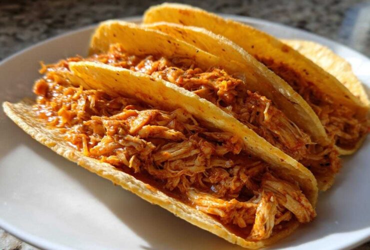 Three crispy, golden corn shells generously filled with saucy, shredded chicken for amazing chicken tacos.