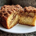 Two slices of amazing coffee cake showing a thick cinnamon swirl and huge crumb topping.