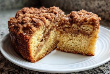 Two slices of amazing coffee cake showing a thick cinnamon swirl and huge crumb topping.