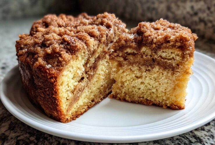 Two slices of amazing coffee cake showing a thick cinnamon swirl and huge crumb topping.