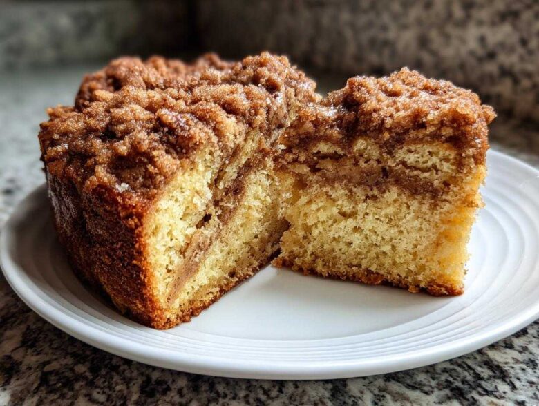 Two slices of amazing coffee cake showing a thick cinnamon swirl and huge crumb topping.