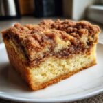Close-up of a thick slice of moist coffee cake featuring a dense crumb layer and a generous, sugary cinnamon streusel topping.