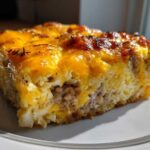 A close-up slice of a hearty 12-egg bake featuring layers of sausage, eggs, and a golden, melted cheese topping.