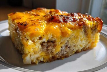A close-up slice of a hearty 12-egg bake featuring layers of sausage, eggs, and a golden, melted cheese topping.