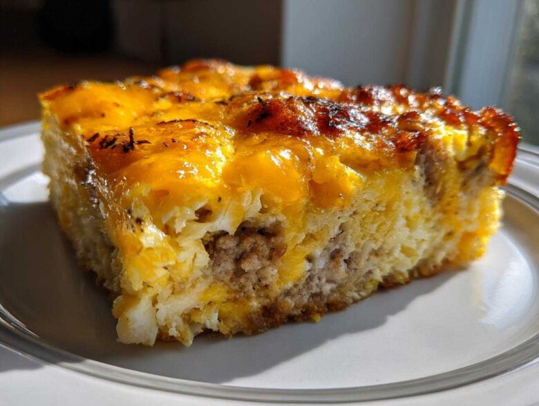 A close-up slice of a hearty 12-egg bake featuring layers of sausage, eggs, and a golden, melted cheese topping.