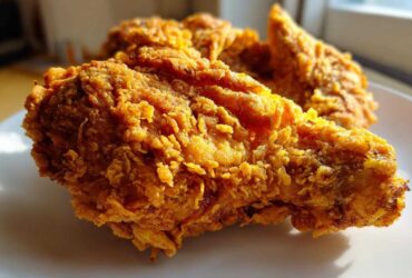 Close-up shot of a piece of golden brown, extra crispy fried chicken resting on a white plate.