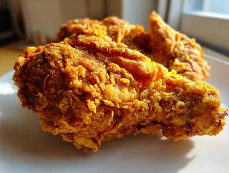 Close-up shot of a piece of golden brown, extra crispy fried chicken resting on a white plate.