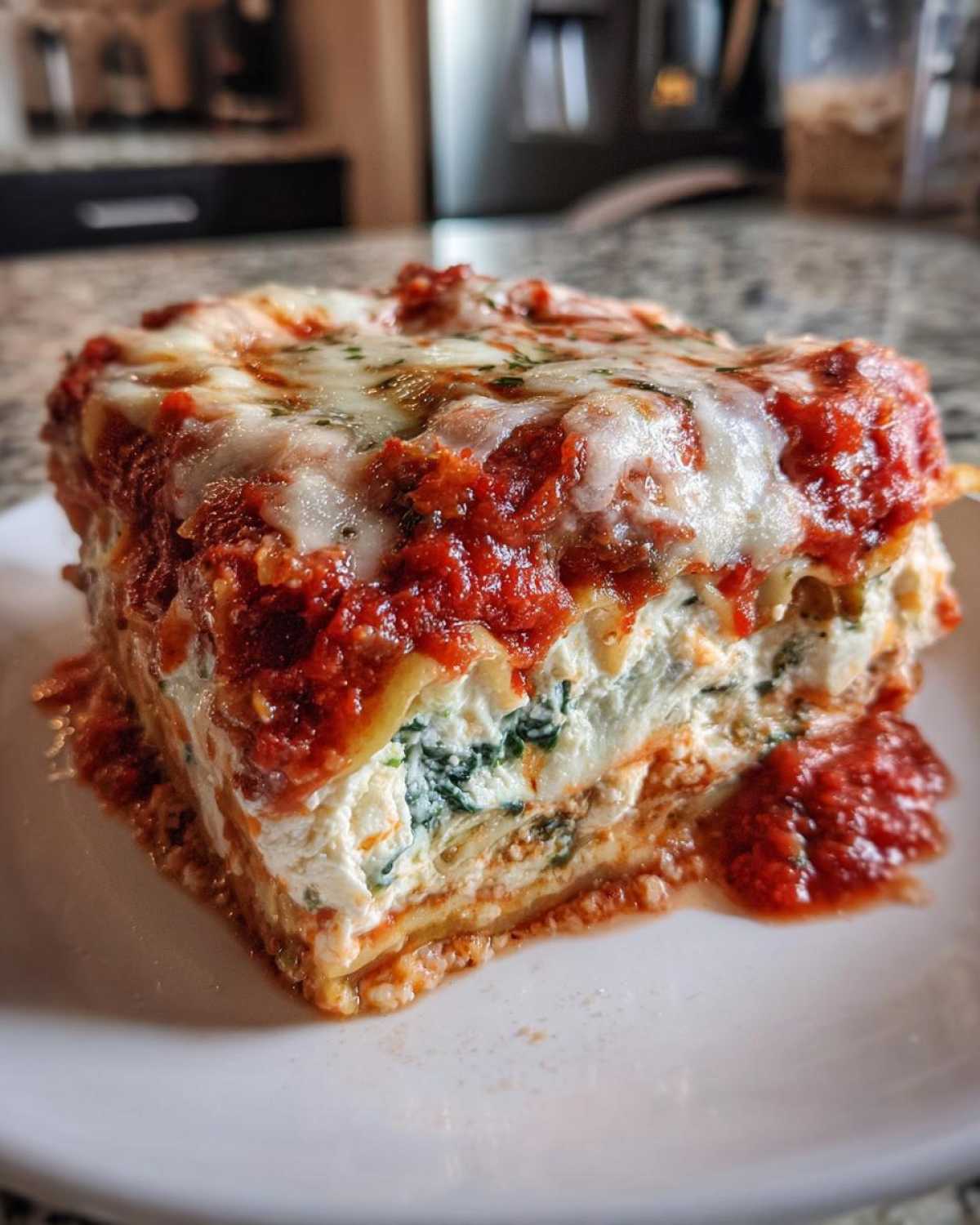 A thick, layered slice of lasagna with cottage cheese and spinach filling, topped with rich marinara sauce and melted mozzarella.