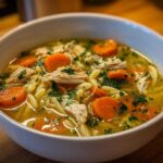 A close-up shot of a white bowl filled with steaming penicillin soup, featuring shredded chicken, thick carrot slices, pasta, and fresh parsley.