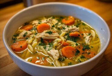 A close-up shot of a white bowl filled with steaming penicillin soup, featuring shredded chicken, thick carrot slices, pasta, and fresh parsley.