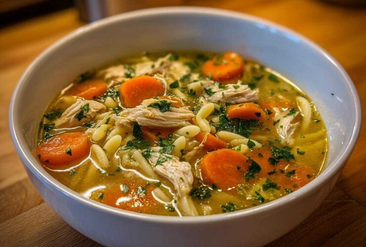 A close-up shot of a white bowl filled with steaming penicillin soup, featuring shredded chicken, thick carrot slices, pasta, and fresh parsley.