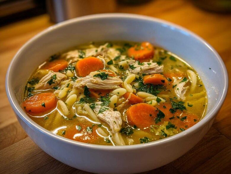 A close-up shot of a white bowl filled with steaming penicillin soup, featuring shredded chicken, thick carrot slices, pasta, and fresh parsley.